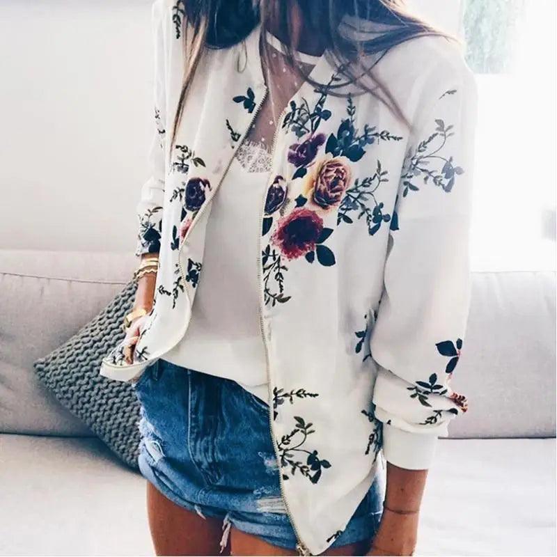 Plus Size Floral Chiffon Print Bomber Jacket