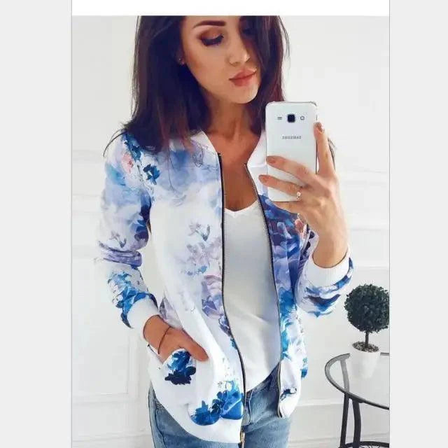 Plus Size Floral Chiffon Print Bomber Jacket