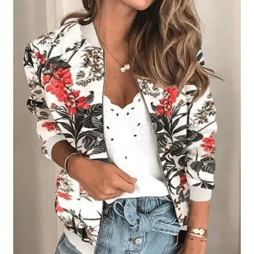 Plus Size Floral Chiffon Print Bomber Jacket