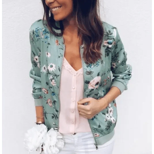 Plus Size Floral Chiffon Print Bomber Jacket