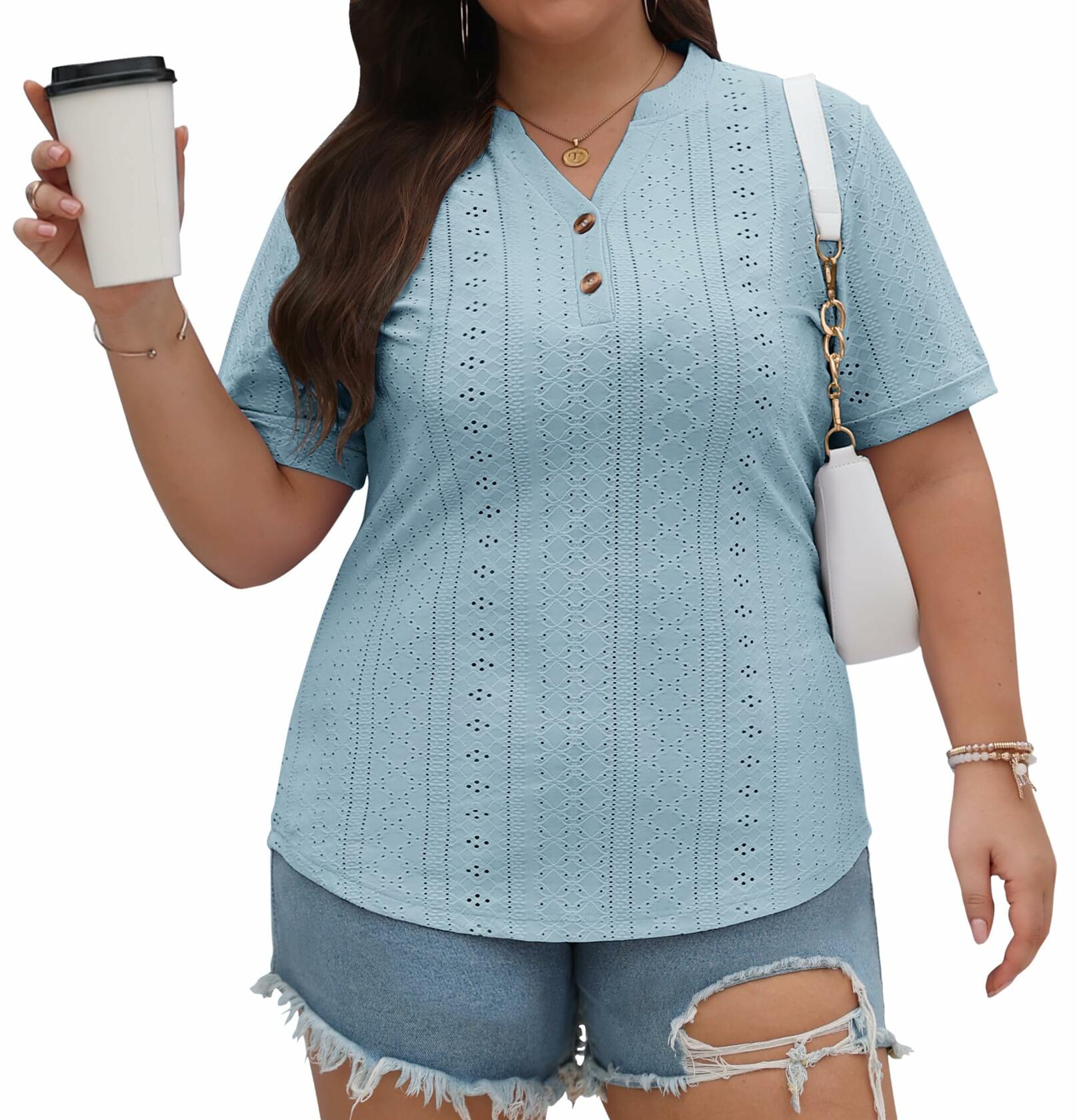 Plus Size V-Neck Perforated Tunic Top