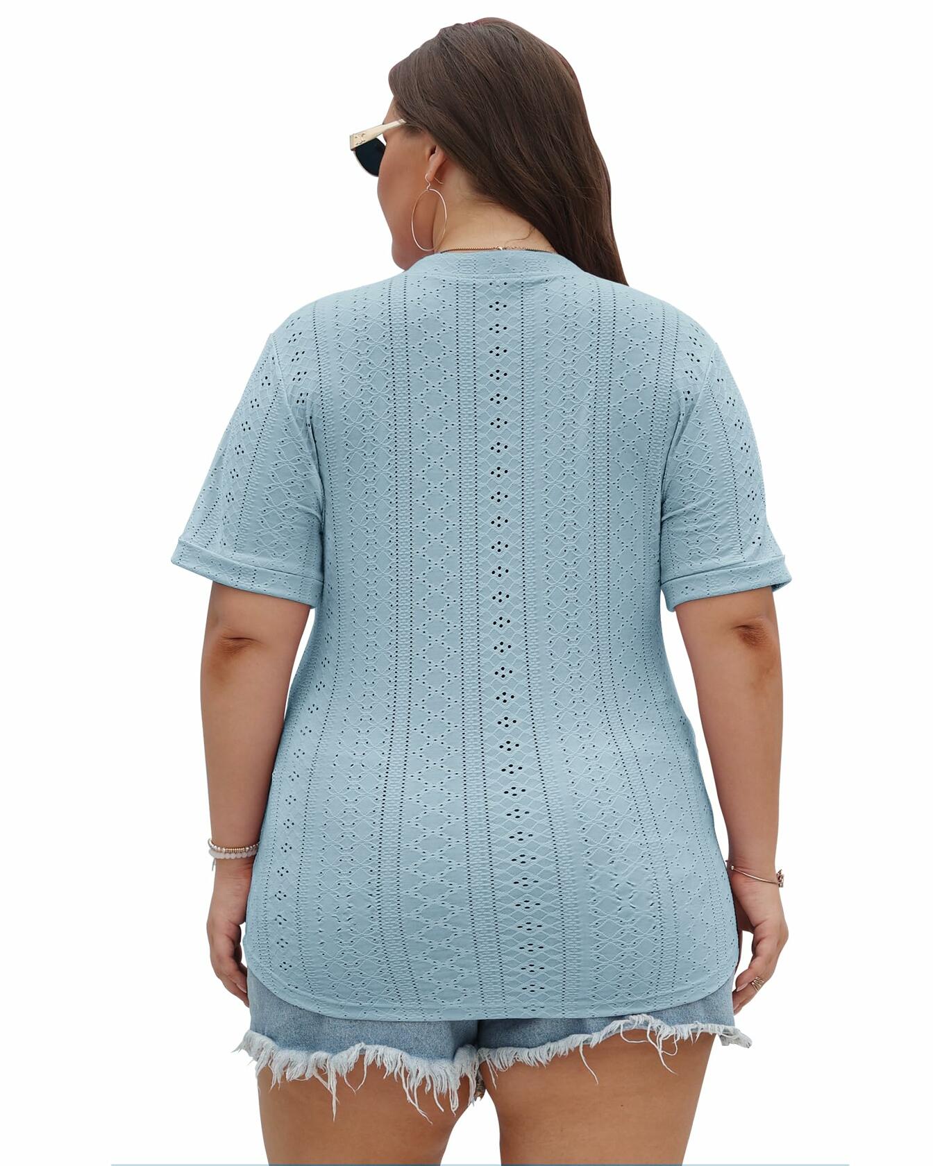 Plus Size V-Neck Perforated Tunic Top