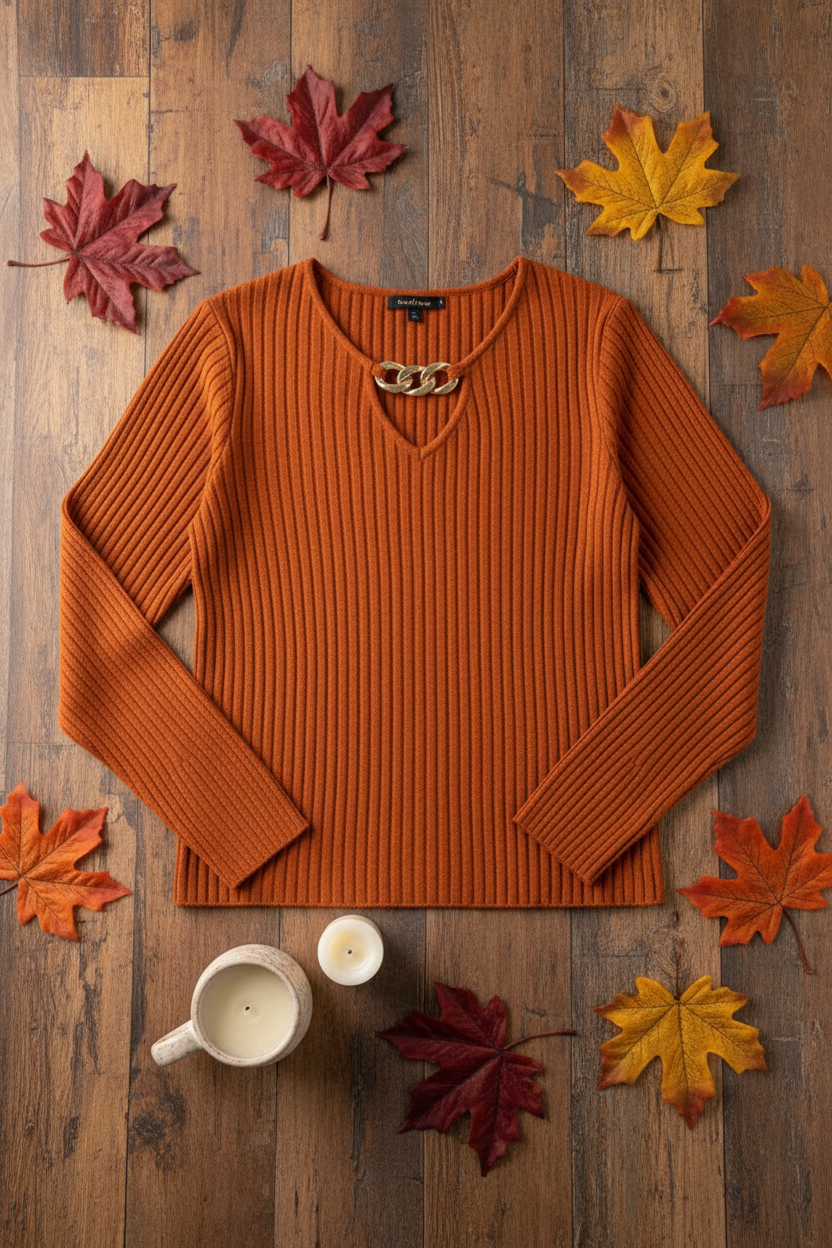 Plus Size V-Neck Ribbed Sweater with Chain Detail