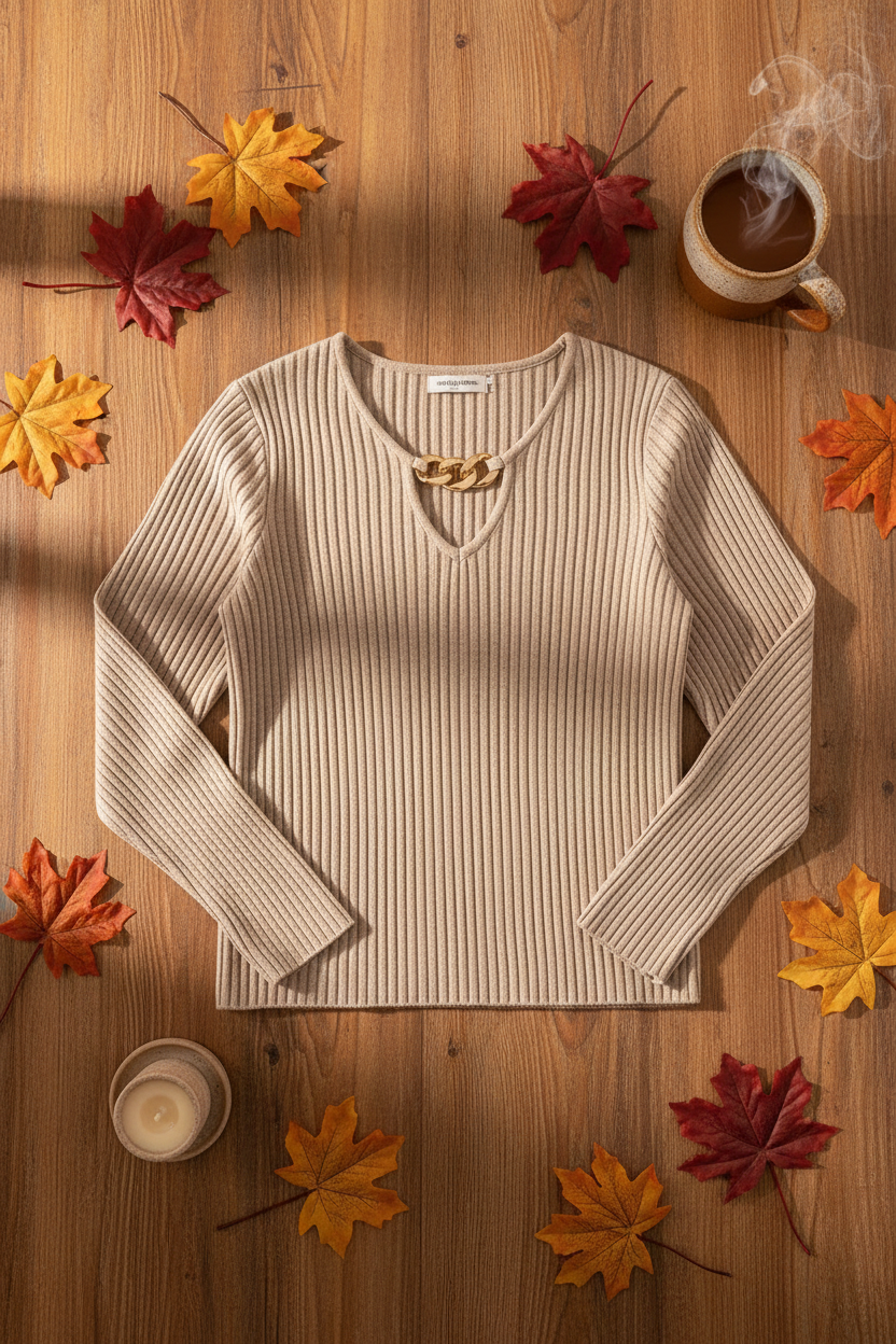 Plus Size V-Neck Ribbed Sweater with Chain Detail